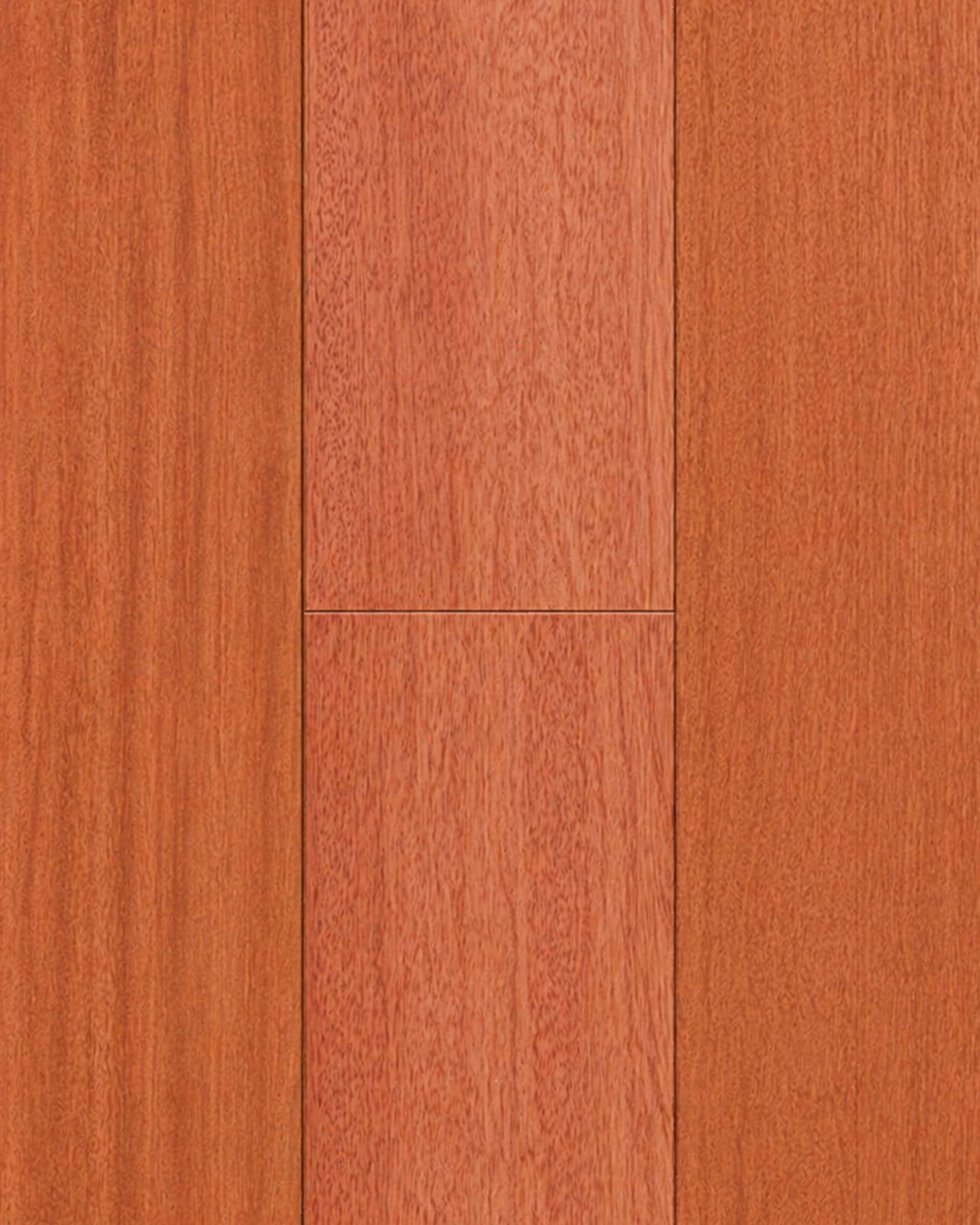 Kempas — Heritage pre-finished solid timber, three-plank product photograph showing rich reddish-brown tones with fine uniform tropical hardwood grain