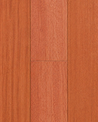 Kempas — Heritage pre-finished solid timber, three-plank product photograph showing rich reddish-brown tones with fine uniform tropical hardwood grain